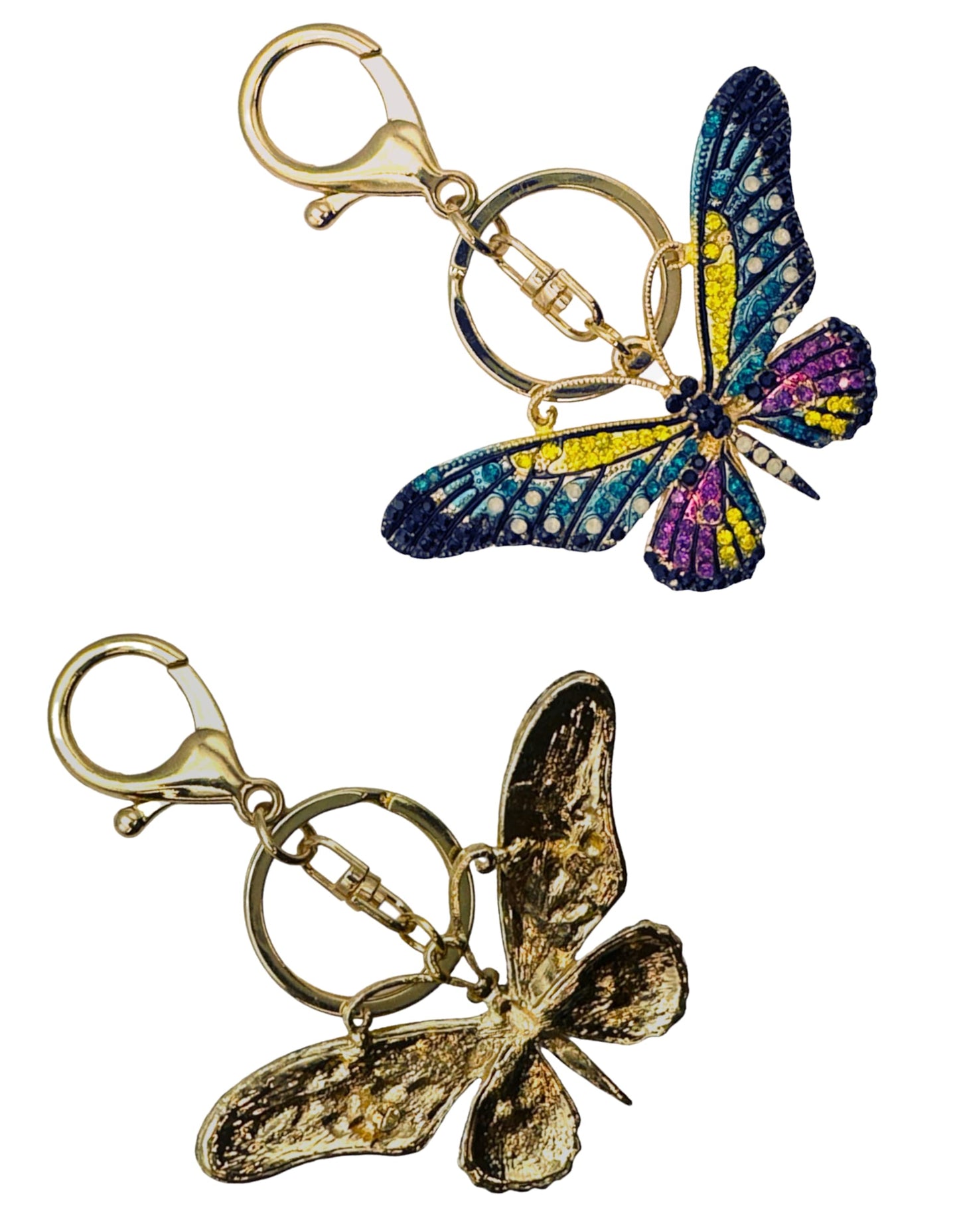 Evenchae Neon Butterfly Keychain - Inlaid with Rhinestones, Drawstring Gift Bag, Gold Solid Back - 3.5 in Long