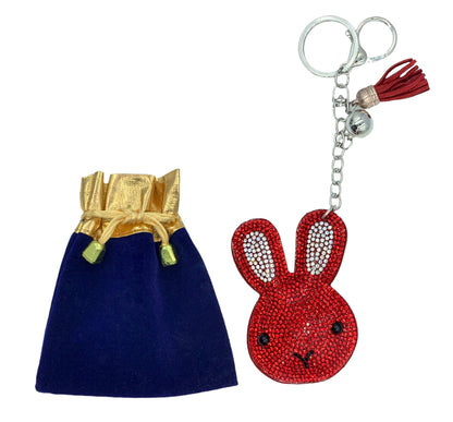 Evenchae Bunny Rabbit Keychain, Sparkling Rhinestones, Plush Back, Gift Bag, 7"L