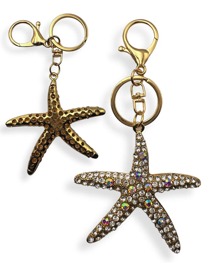 Evenchae Starfish Keychain - Inlaid with Rhinestones - Gold Filigree Back - Drawstring Gift Bag - 5 in Long