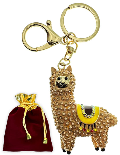 Evenchae Sparkling Llama Keychain - Rhinestones, Gold Filigreed Back, Drawstring Gift Bag - 5" Long Purse Jewelry