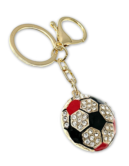 Evenchae Soccer Ball Keychain - Inlaid with Clear Rhinestones, Gold Filigree Back, Drawstring Gift Bag, 4 Inches Long