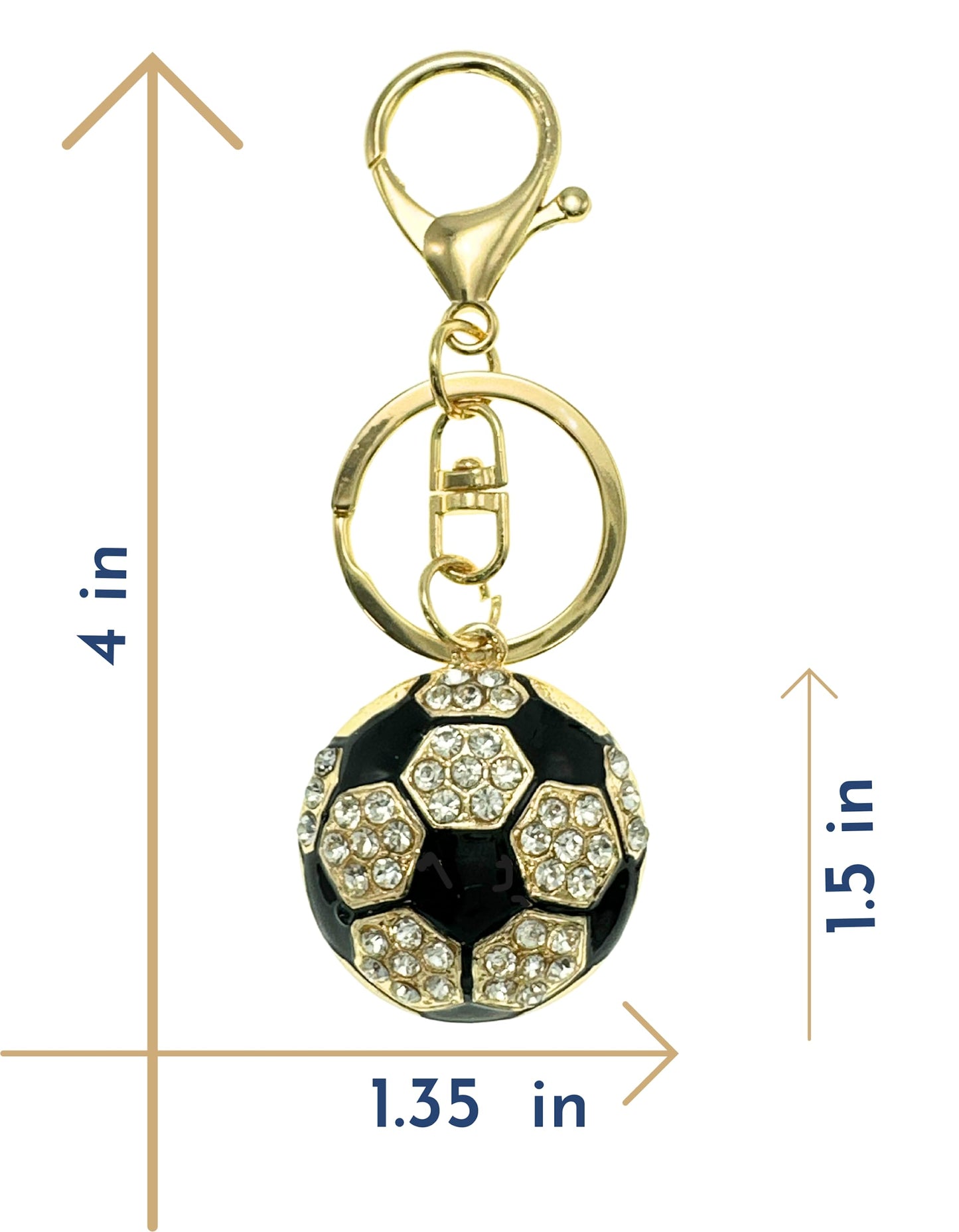 Evenchae Soccer Ball Keychain - Inlaid with Clear Rhinestones, Gold Filigree Back, Drawstring Gift Bag, 4 Inches Long