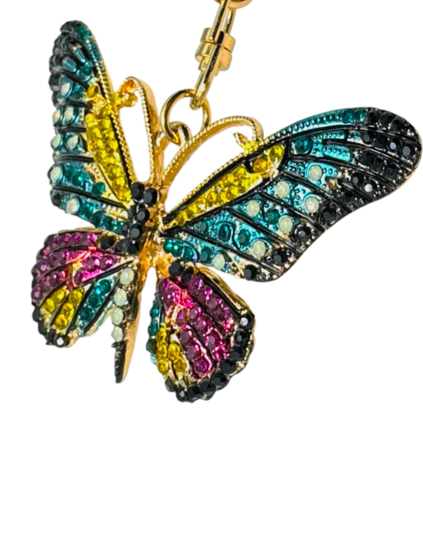 Evenchae Neon Butterfly Keychain - Inlaid with Rhinestones, Drawstring Gift Bag, Gold Solid Back - 3.5 in Long