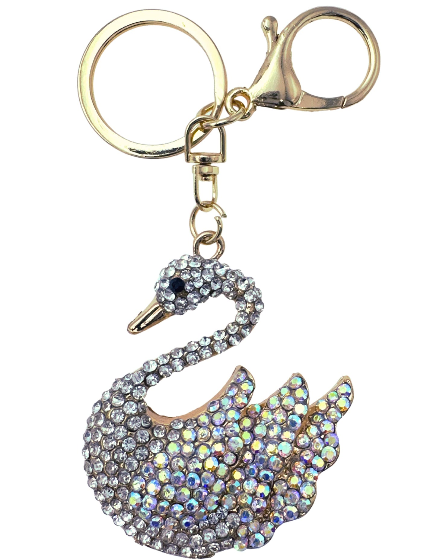 Evenchae Elegant Swan Keychain - Rhinestones, Filigreed Gold Back, Drawstring Gift Bag - 5 In Long Purse Jewelry