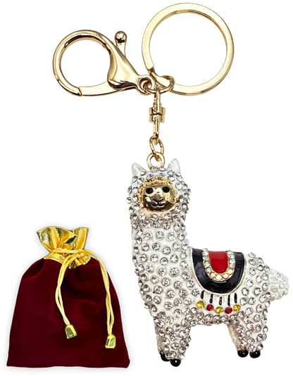 Evenchae Sparkling Llama Keychain - Rhinestones, Gold Filigreed Back, Drawstring Gift Bag - 5" Long Purse Jewelry