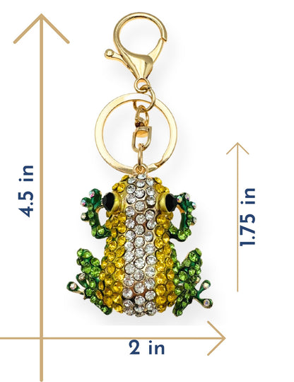 Evenchae Frog Keychain - Inlaid with Rhinestones - Gold-Tone Filigree Back - Drawstring Gift Bag - 4.5 in Long