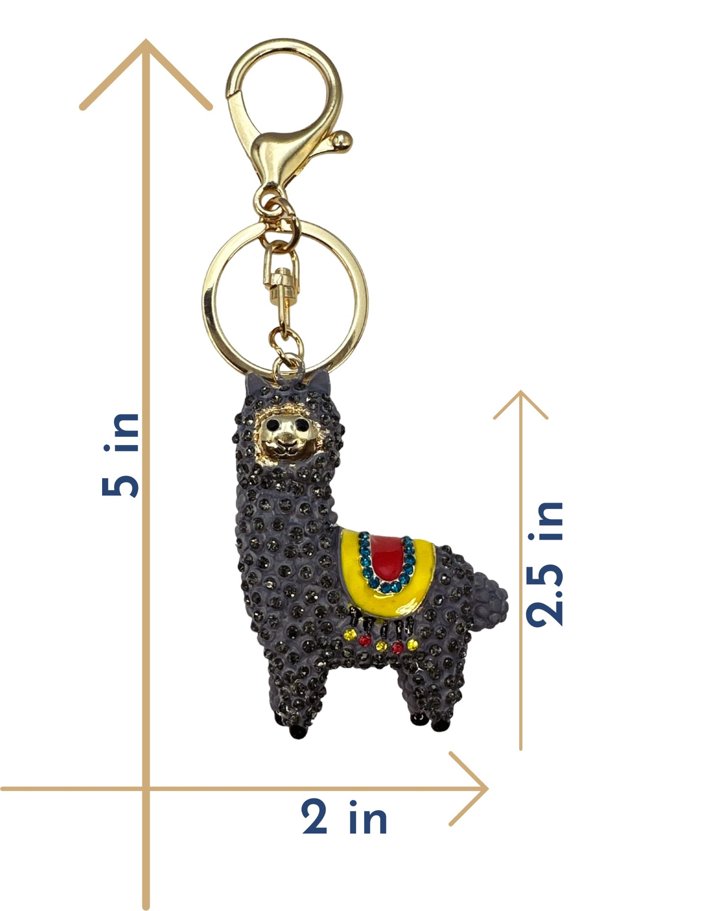 Evenchae Sparkling Llama Keychain - Rhinestones, Gold Filigreed Back, Drawstring Gift Bag - 5" Long Purse Jewelry