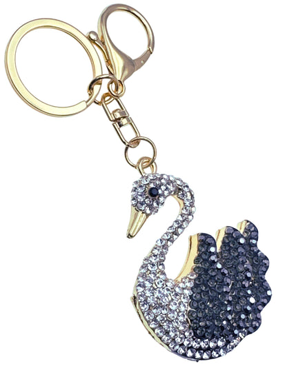 Evenchae Elegant Swan Keychain - Rhinestones, Filigreed Gold Back, Drawstring Gift Bag - 5 In Long Purse Jewelry