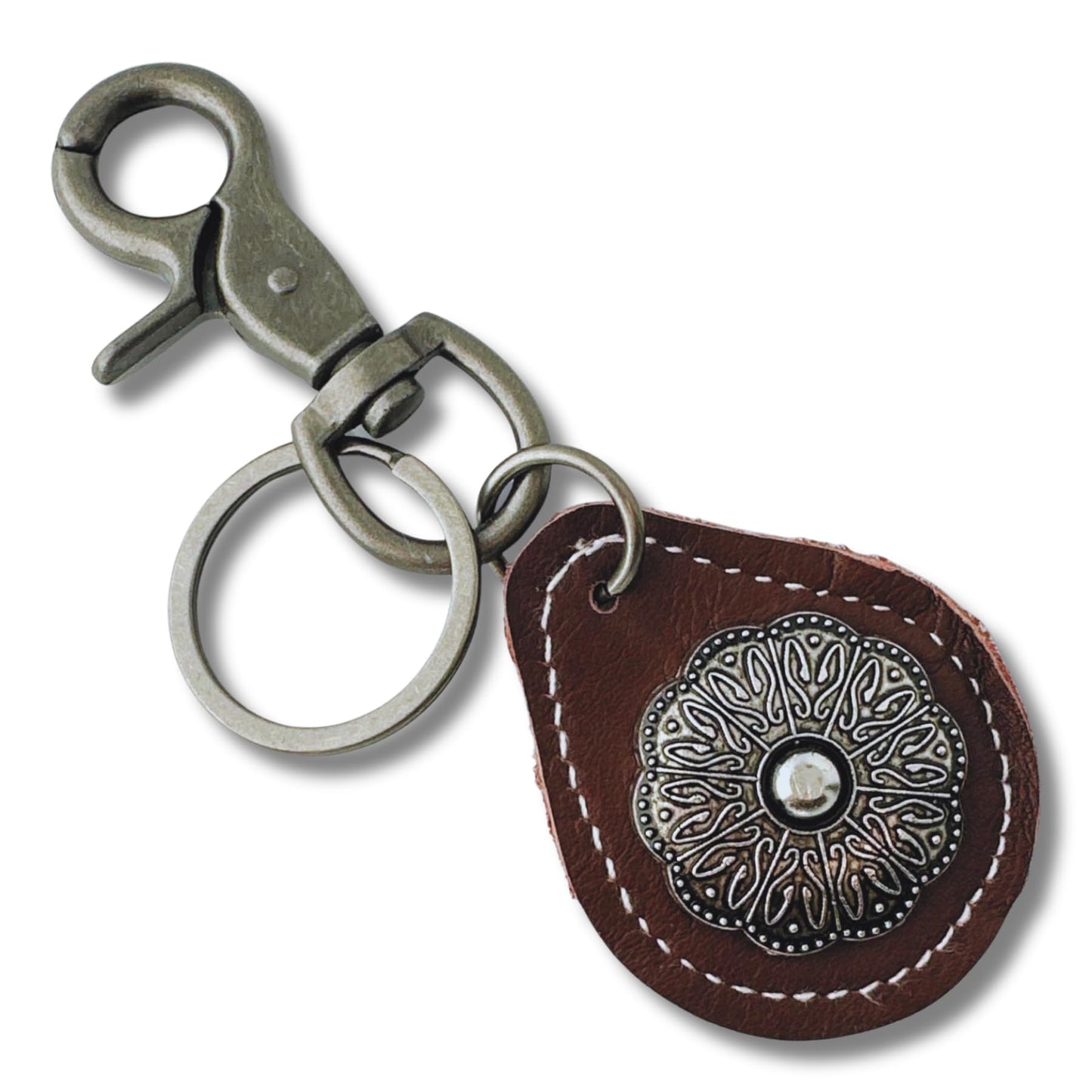 Evenchae Leather Keychain - Flower Concho Medallion, Gift Bag, Unisex 4.5 in L