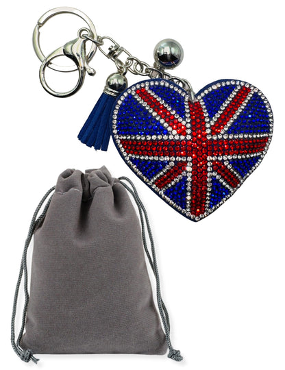 Evenchae British Union Jack Flag Keychain - Rhinestone Heart - Plush Back - Drawstring Gift Bag - 6.25 in Long