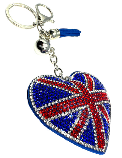 Evenchae British Union Jack Flag Keychain - Rhinestone Heart - Plush Back - Drawstring Gift Bag - 6.25 in Long