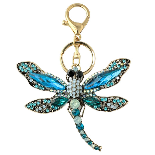 Evenchae Classic Dragonfly Keychain - Rhinestones, Gold Filigree Back, Drawstring Gift Bag - 5 in Long Purse Jewelry