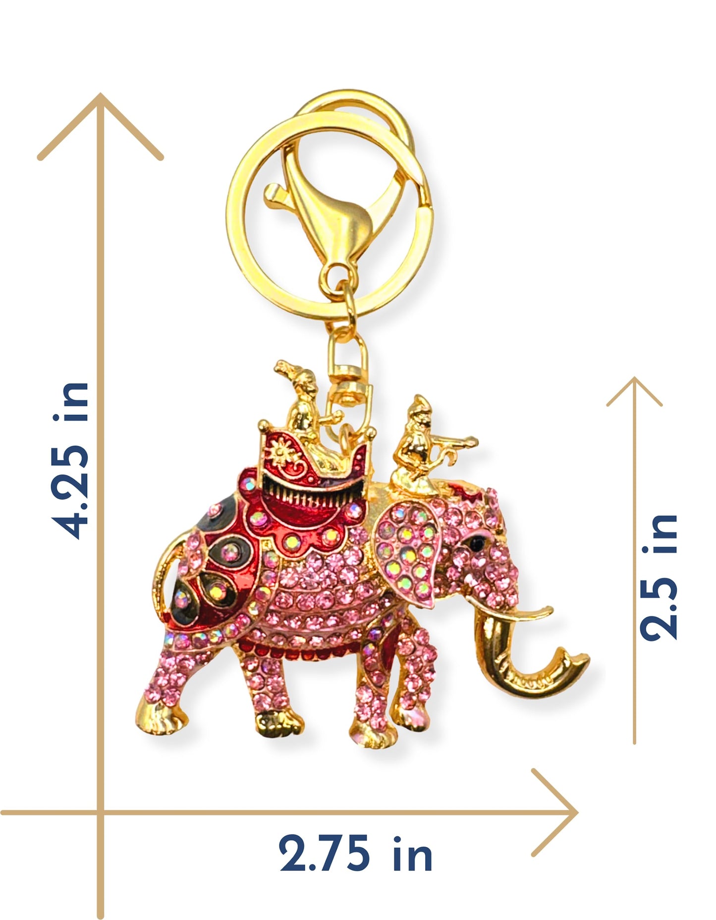 Evenchae Elephant Keychain - Inlaid with Rhinestones - Gold Filigree Back - Drawstring Gift Bag - 4.25 in Long