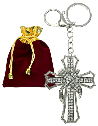 Evenchae Ornate Cross Keychain - Inlaid with Clear Rhinestones, Drawstring Gift Bag - 5.5 In Long