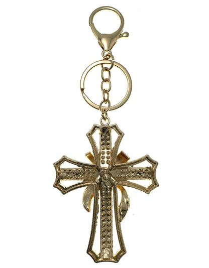 Evenchae Ornate Cross Keychain - Inlaid with Clear Rhinestones, Drawstring Gift Bag - 5.5 In Long