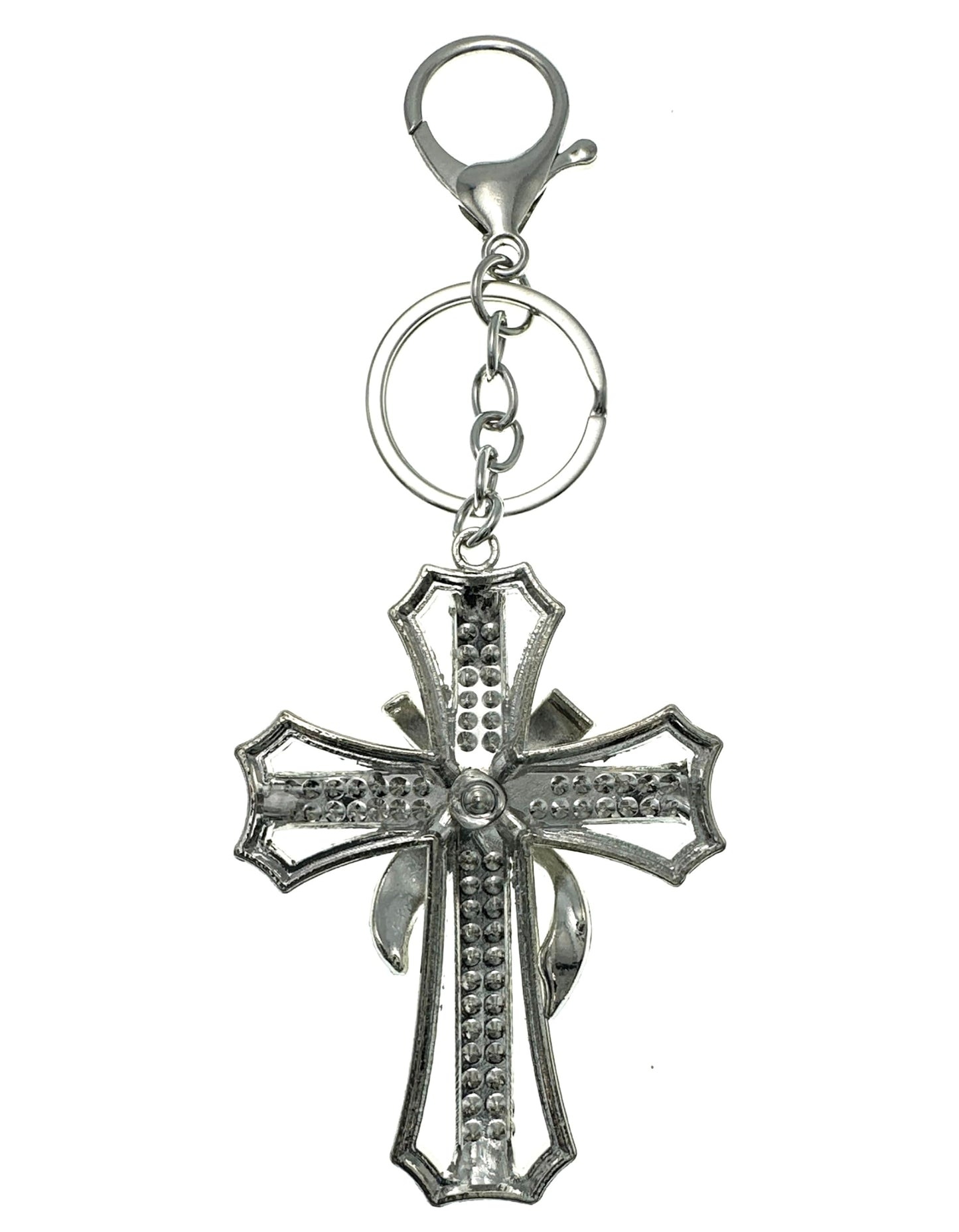 Evenchae Ornate Cross Keychain - Inlaid with Clear Rhinestones, Drawstring Gift Bag - 5.5 In Long