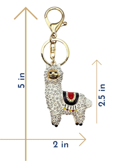 Evenchae Sparkling Llama Keychain - Rhinestones, Gold Filigreed Back, Drawstring Gift Bag - 5" Long Purse Jewelry