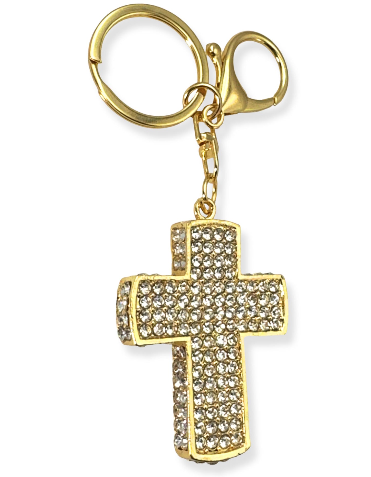 Evenchae Gold Cross Keychain - Inlaid with Clear Rhinestones - Gold Filigree Back - Drawstring Gift Bag - 4.75 in Long