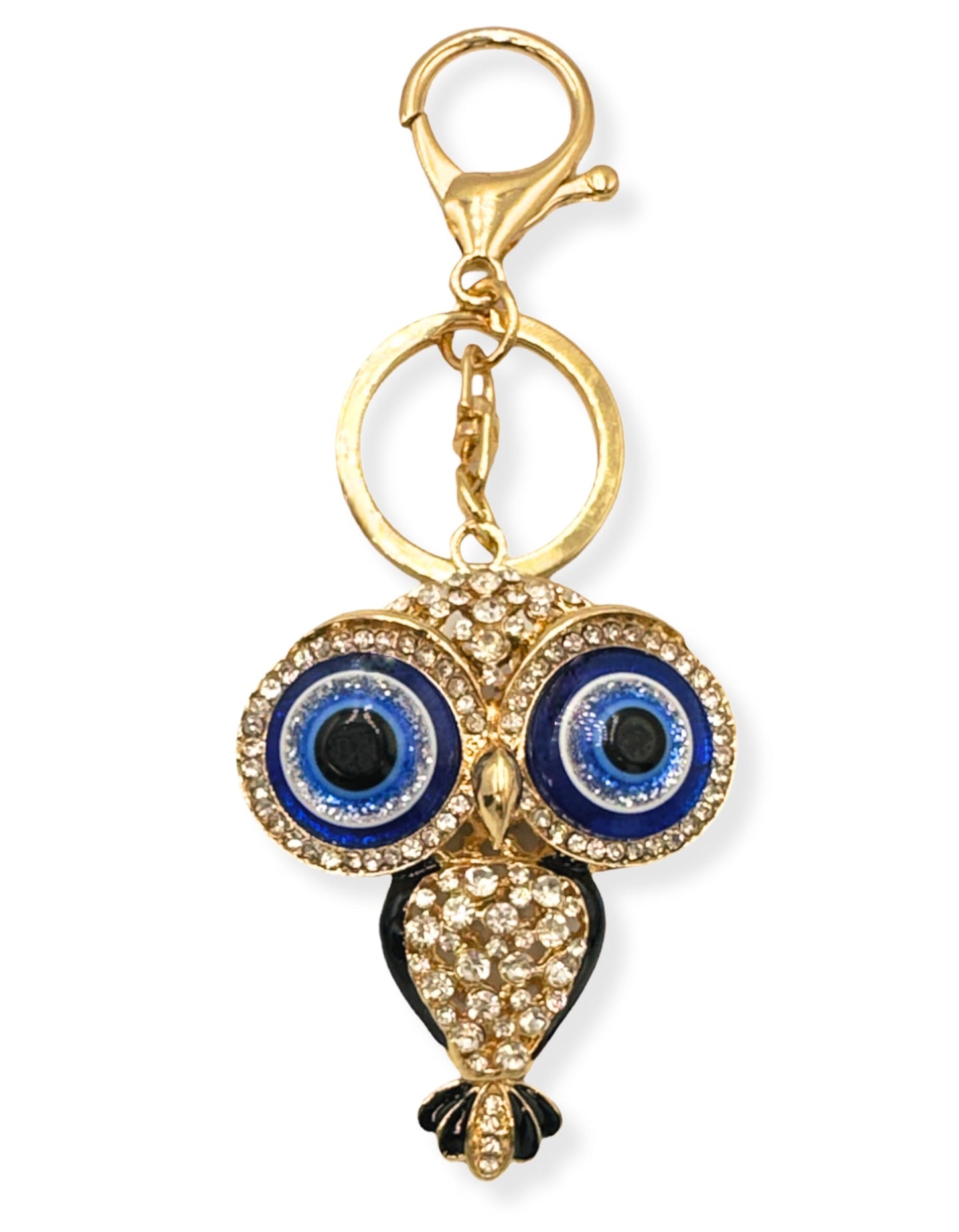 Evenchae Evil Eye Owl Keychain - Inlaid with Clear Rhinestones - Gold Filigree Back - Drawstring Gift Bag - 5 in Long