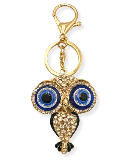 Evenchae Evil Eye Owl Keychain - Inlaid with Clear Rhinestones - Gold Filigree Back - Drawstring Gift Bag - 5 in Long