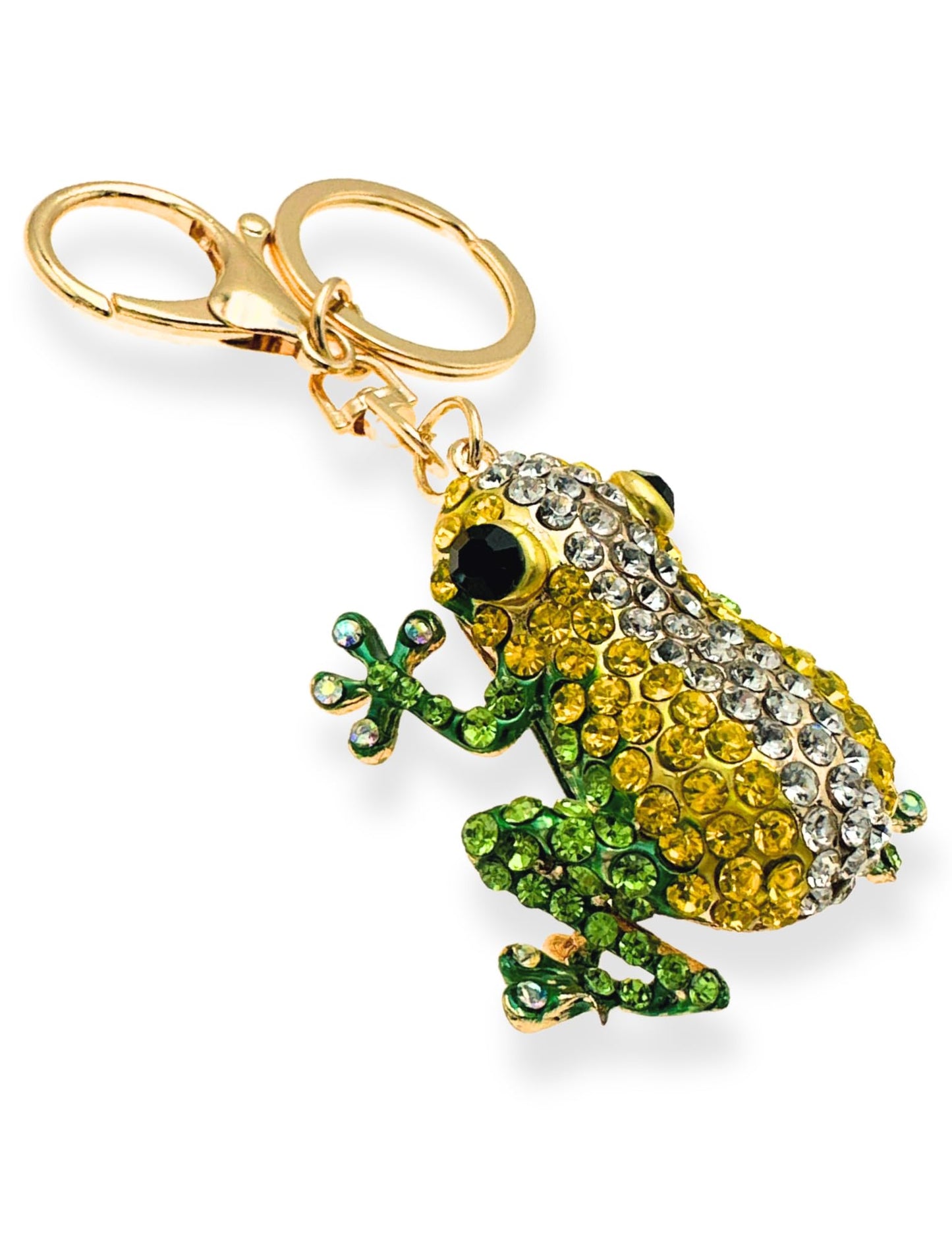 Evenchae Frog Keychain - Inlaid with Rhinestones - Gold-Tone Filigree Back - Drawstring Gift Bag - 4.5 in Long