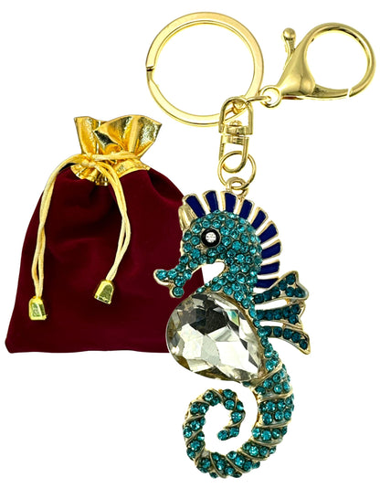 Evenchae Coastal Seahorse Keychain - Rhinestones, Filigreed Gold Back, Drawstring Gift Bag - 5 In Long Purse Jewelry