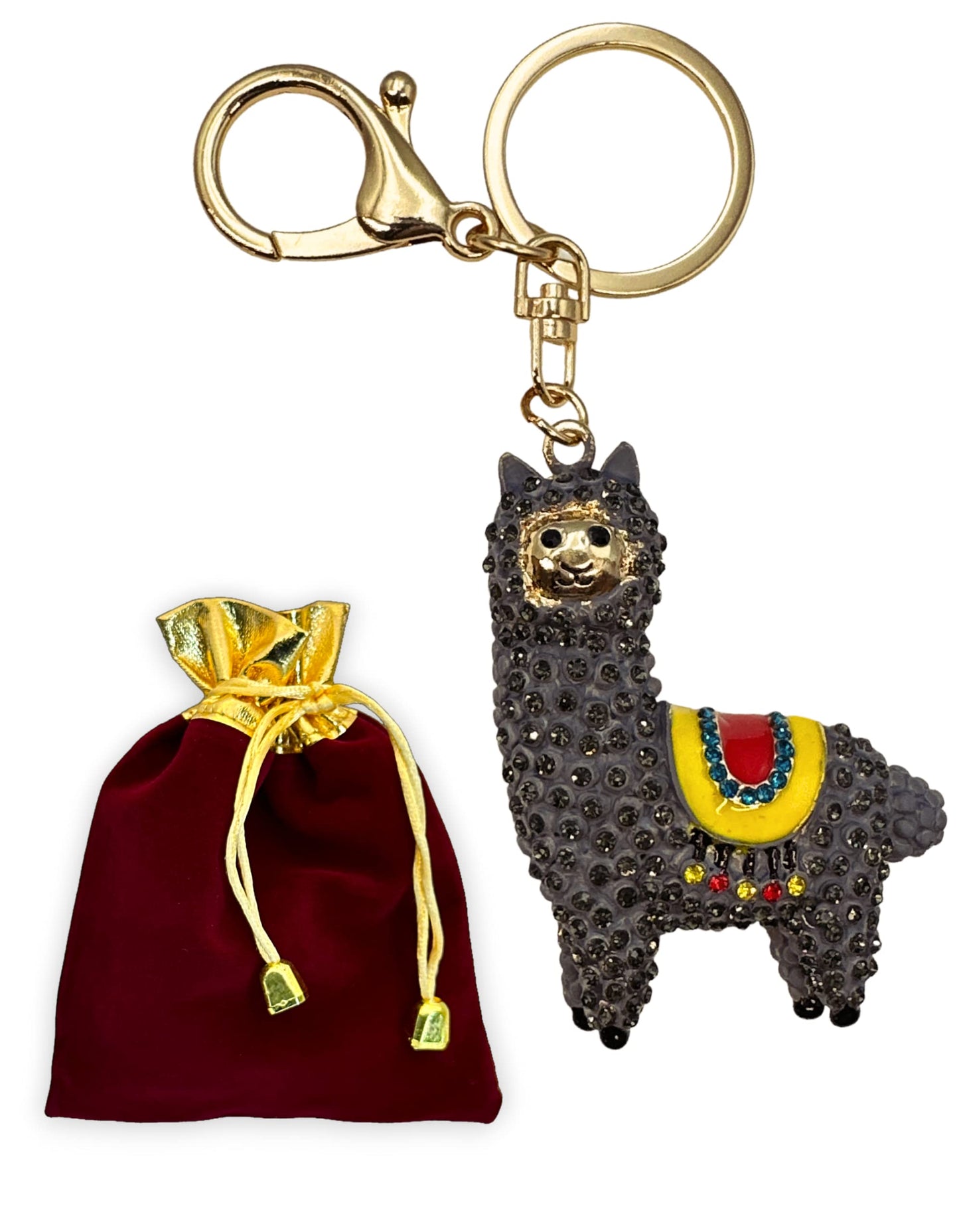 Evenchae Sparkling Llama Keychain - Rhinestones, Gold Filigreed Back, Drawstring Gift Bag - 5" Long Purse Jewelry