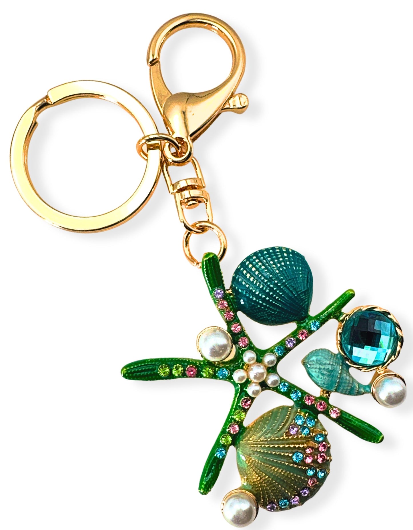 Evenchae Starfish Keychain - Imitation Pearls & Rhinestones - Drawstring Gift Bag - 4.5 in Long - Green Womens