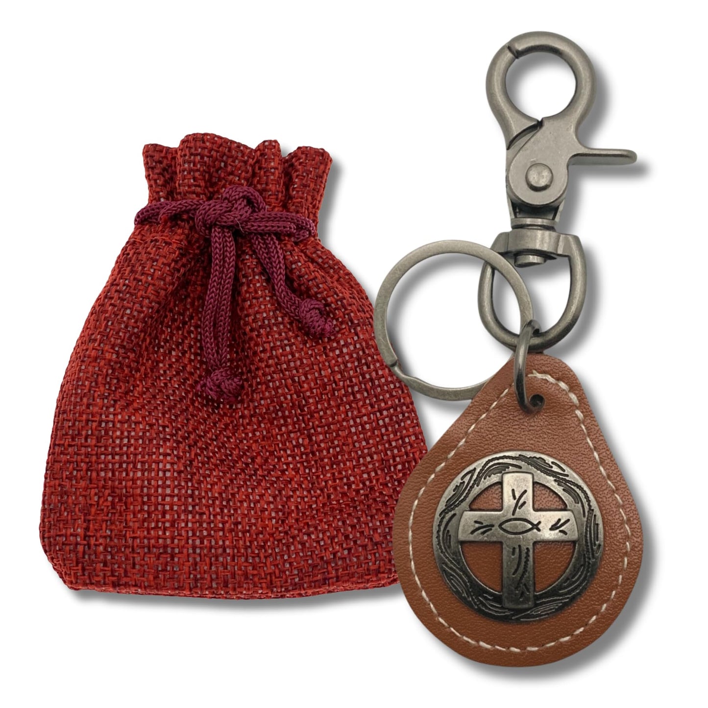 Evenchae Leather Keychain - Cross Medallion Concho - Gift Bag - Unisex 4.5 in L