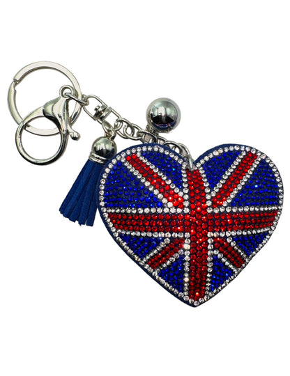 Evenchae British Union Jack Flag Keychain - Rhinestone Heart - Plush Back - Drawstring Gift Bag - 6.25 in Long