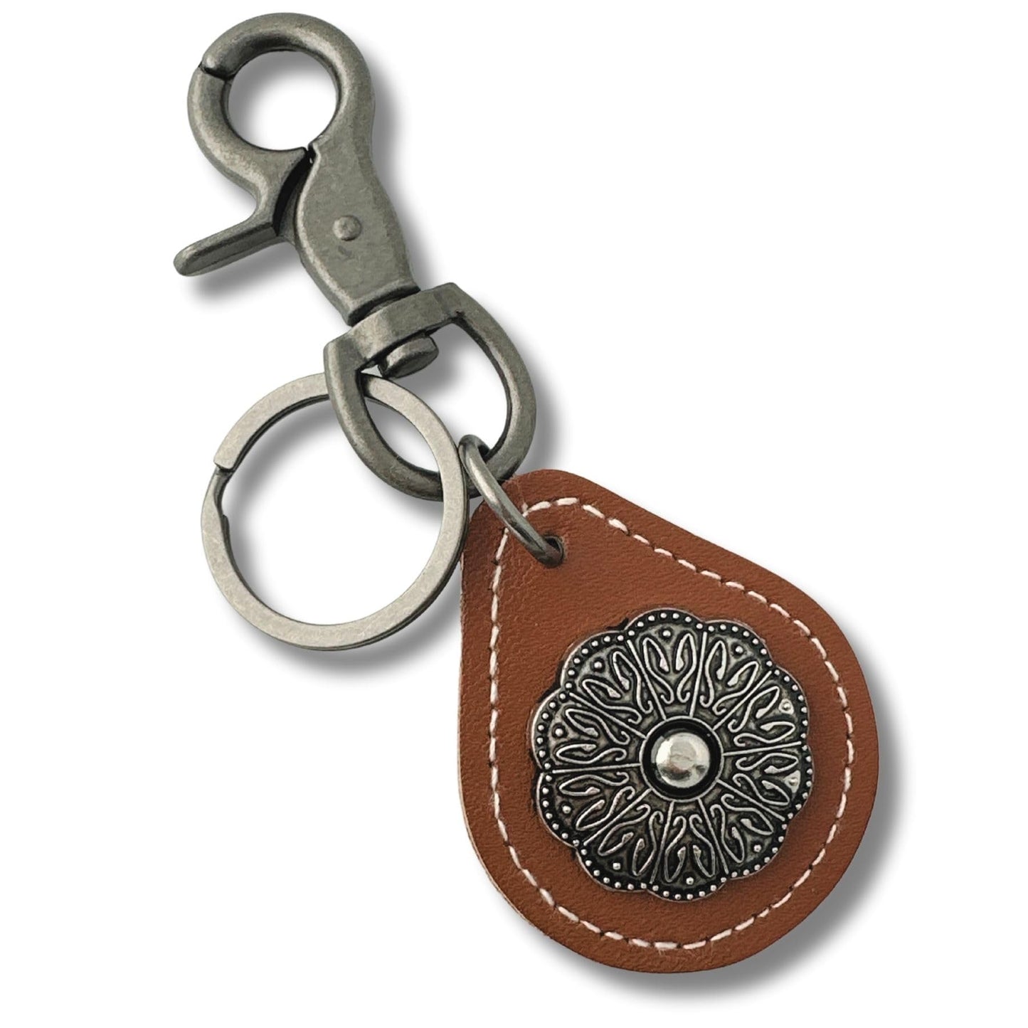 Evenchae Leather Keychain - Flower Concho Medallion, Gift Bag, Unisex 4.5 in L