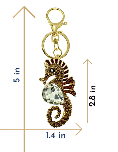 Evenchae Coastal Seahorse Keychain - Rhinestones, Filigreed Gold Back, Drawstring Gift Bag - 5 In Long Purse Jewelry