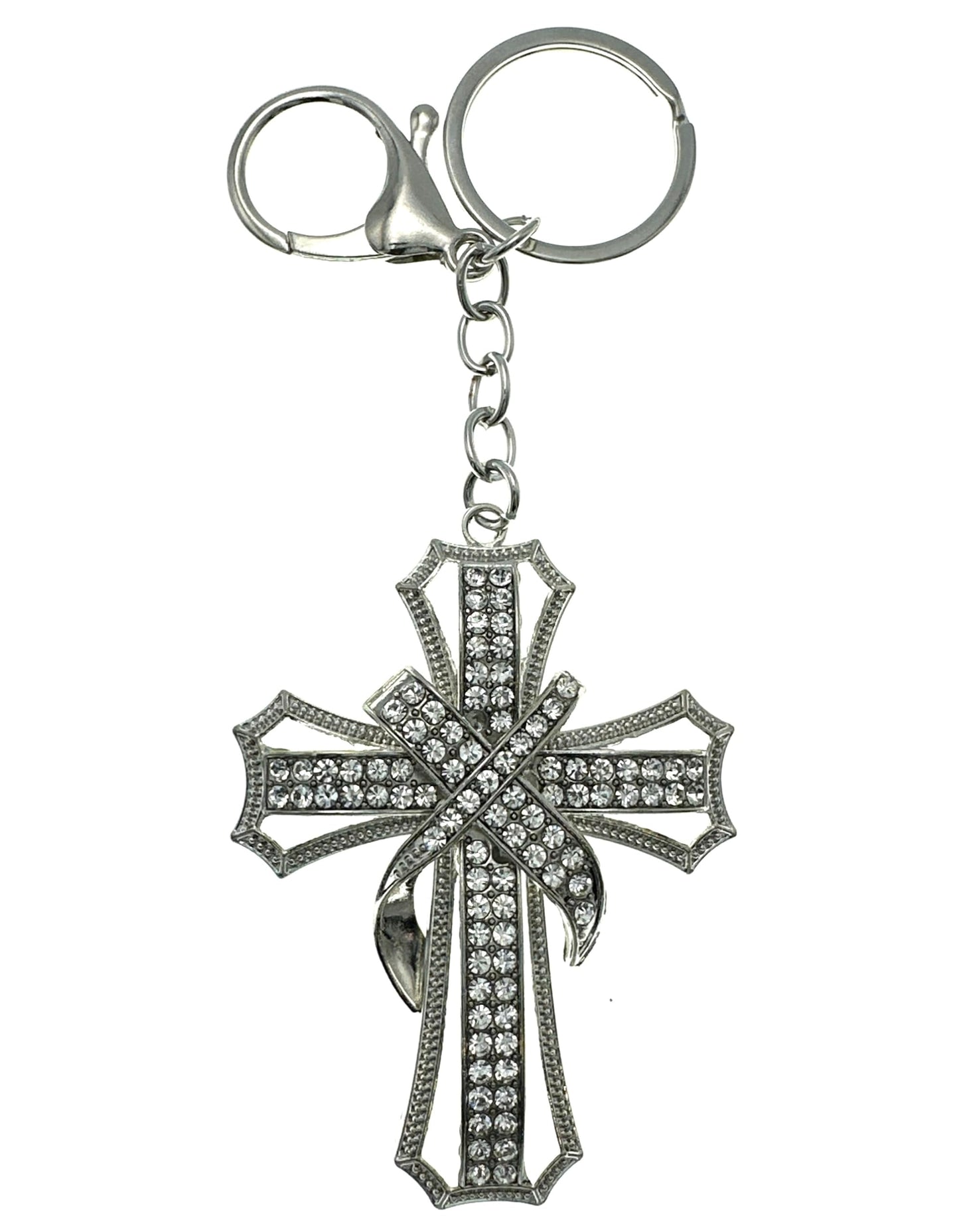 Evenchae Ornate Cross Keychain - Inlaid with Clear Rhinestones, Drawstring Gift Bag - 5.5 In Long