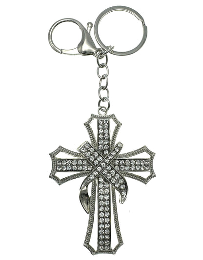 Evenchae Ornate Cross Keychain - Inlaid with Clear Rhinestones, Drawstring Gift Bag - 5.5 In Long