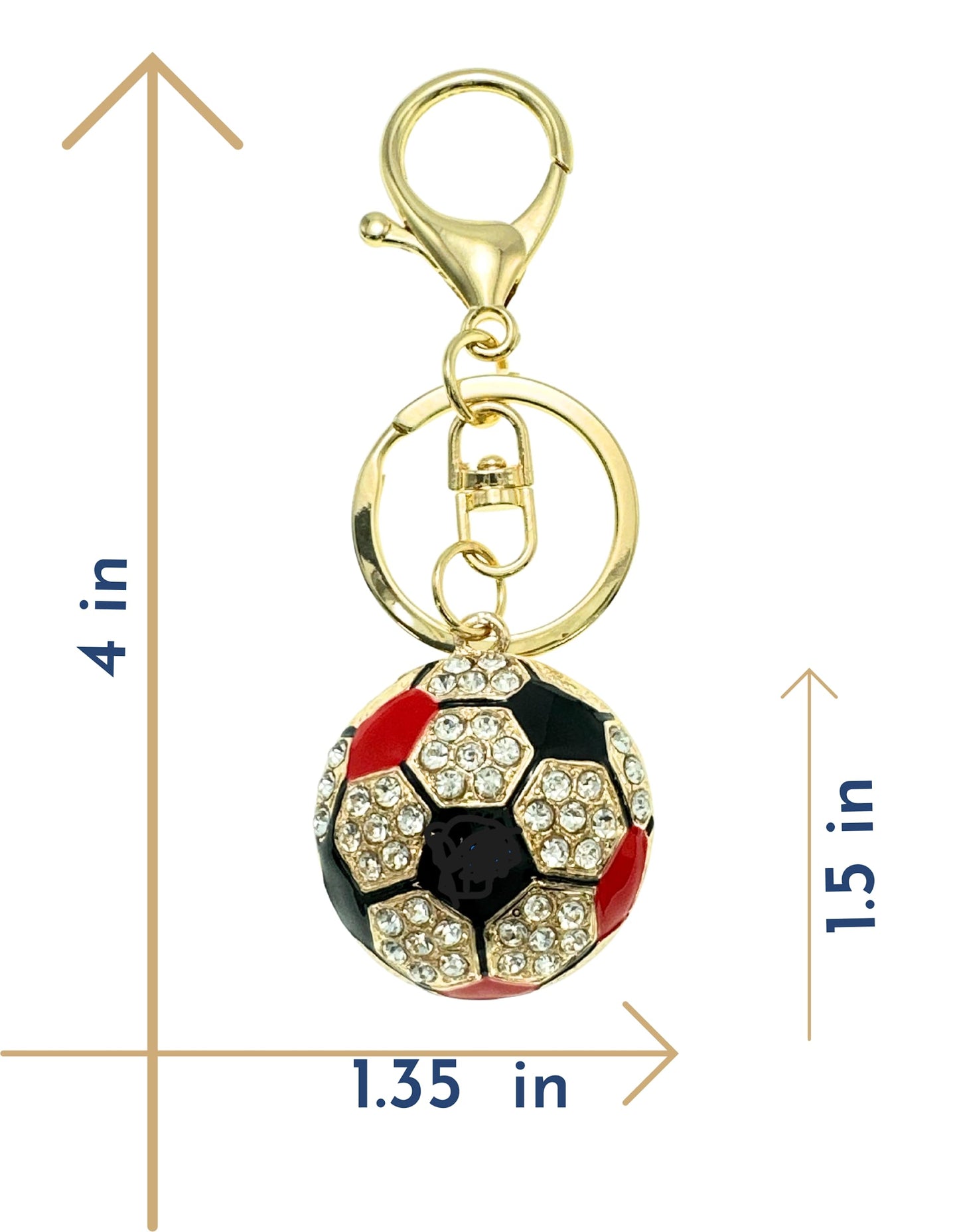 Evenchae Soccer Ball Keychain - Inlaid with Clear Rhinestones, Gold Filigree Back, Drawstring Gift Bag, 4 Inches Long