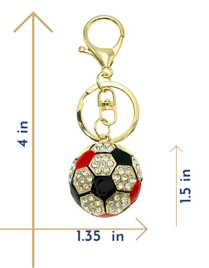 Evenchae Soccer Ball Keychain - Inlaid with Clear Rhinestones, Gold Filigree Back, Drawstring Gift Bag, 4 Inches Long