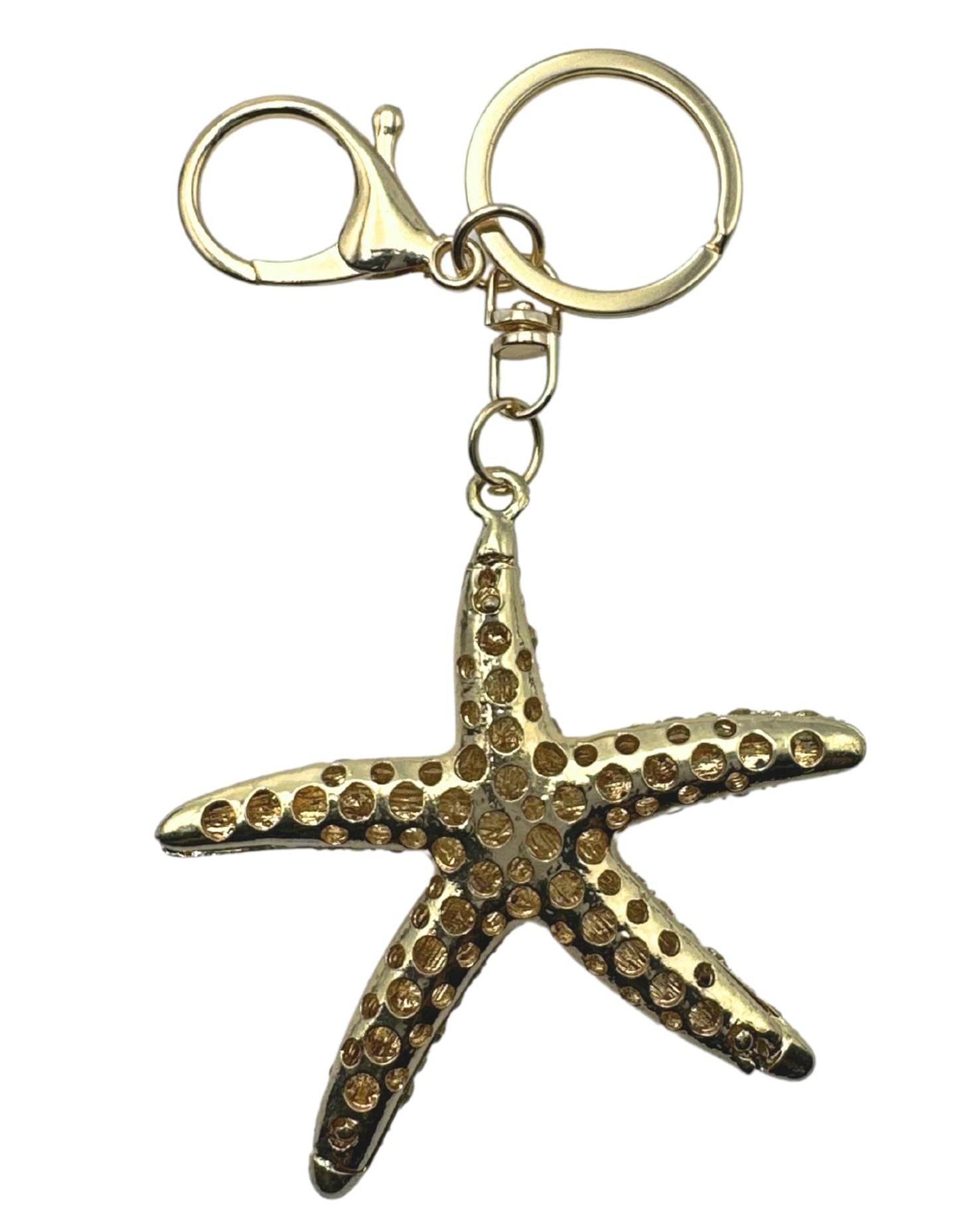 Evenchae Starfish Keychain - Inlaid with Rhinestones - Gold Filigree Back - Drawstring Gift Bag - 5 in Long