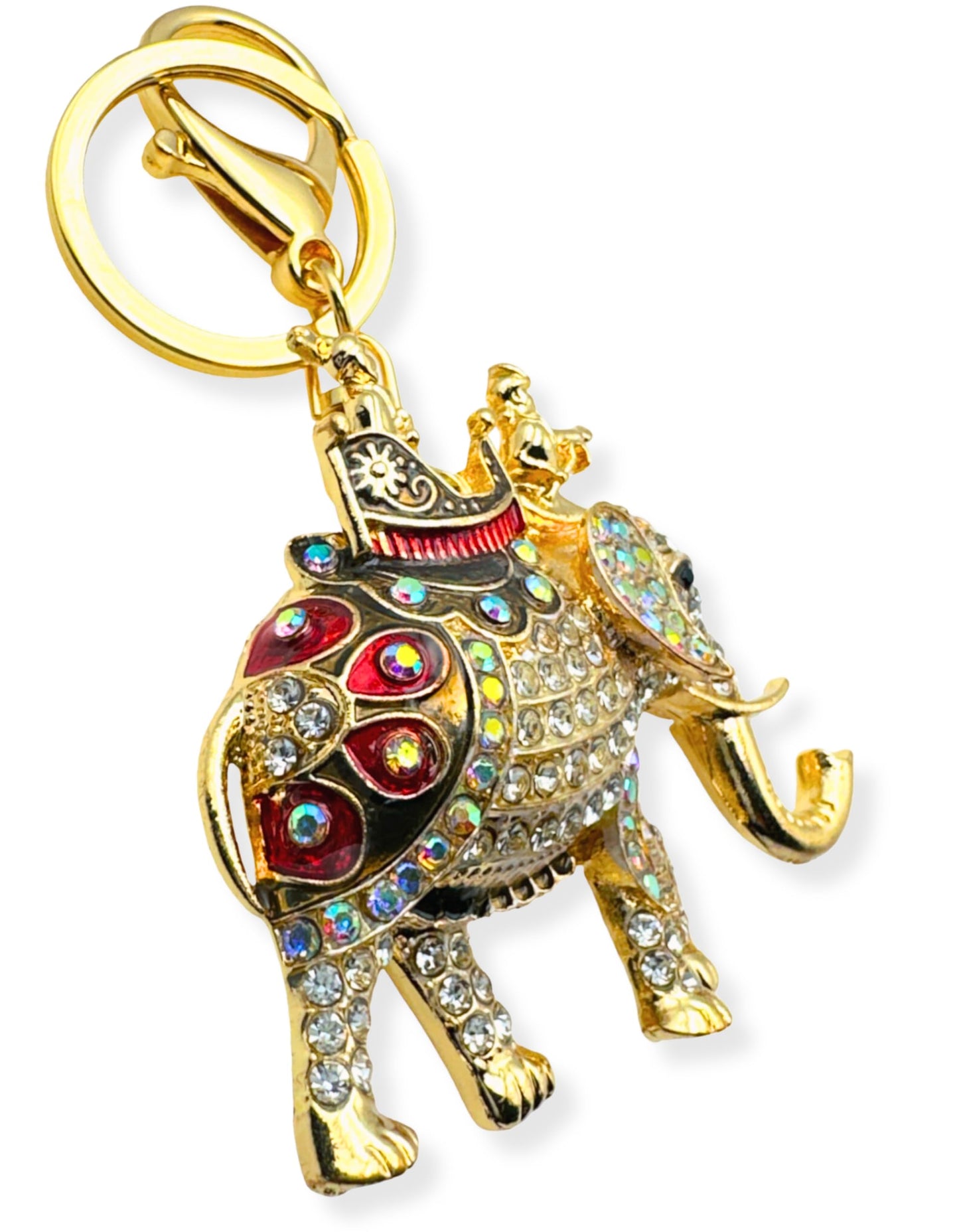 Evenchae Elephant Keychain - Inlaid with Rhinestones - Gold Filigree Back - Drawstring Gift Bag - 4.25 in Long