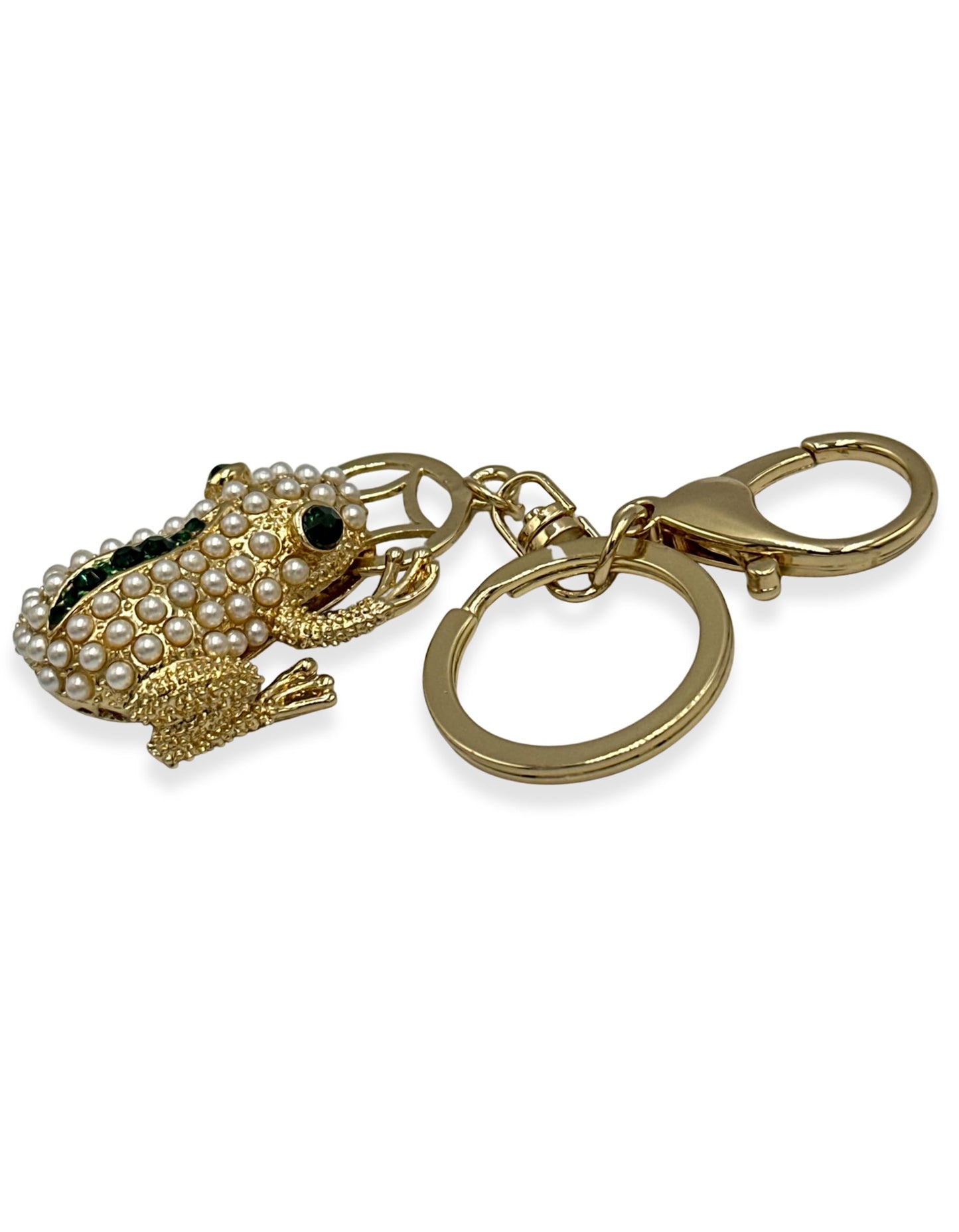 Evenchae Frog Keychain - Imitation Pearls & Rhinestones - Gold-Tone Filigree Back - Drawstring Gift Bag - 4.75 in Long