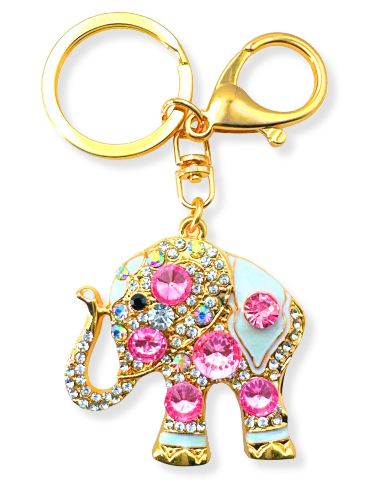 Evenchae Elephant Keychain - Inlaid with Rhinestones - Drawstring Gift Bag - Gold Filigree Back - 4.4 in Long