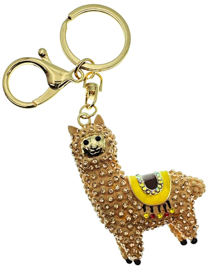 Evenchae Sparkling Llama Keychain - Rhinestones, Gold Filigreed Back, Drawstring Gift Bag - 5" Long Purse Jewelry