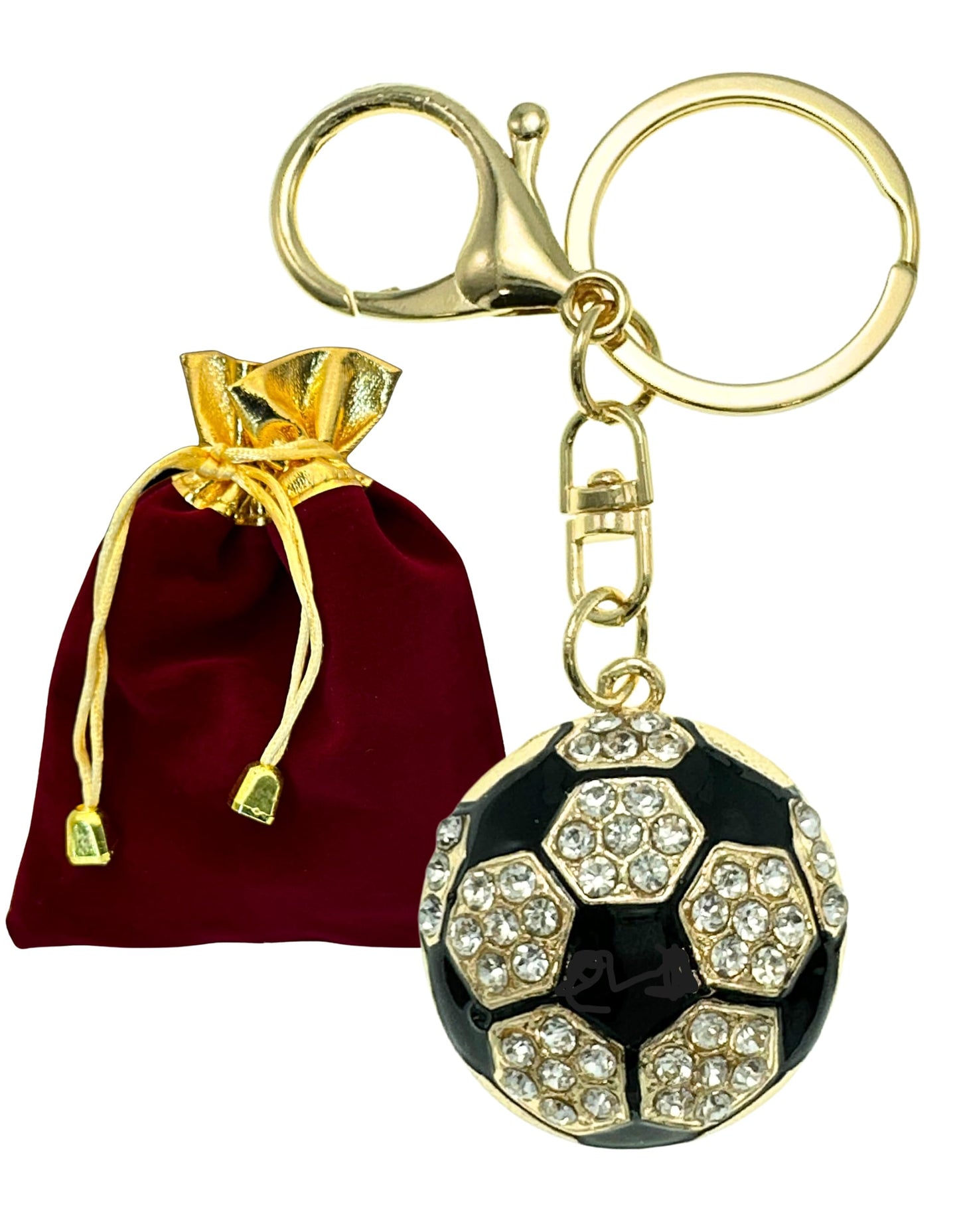 Evenchae Soccer Ball Keychain - Inlaid with Clear Rhinestones, Gold Filigree Back, Drawstring Gift Bag, 4 Inches Long