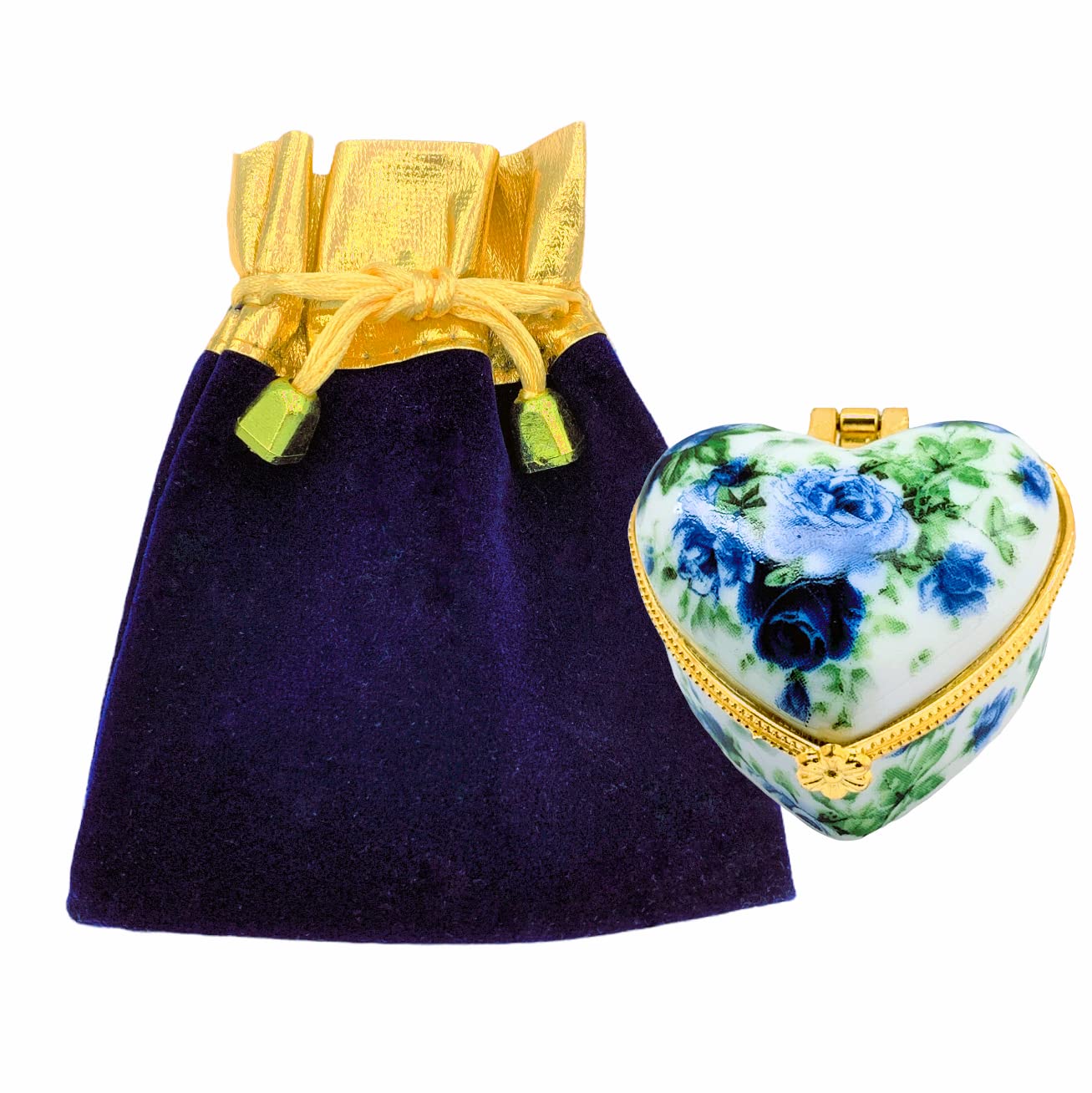 Evenchae Miniature Porcelain Box - for Jewelry, Trinkets, Mementos, Keepsakes - Gift Ready w/Velvet Drawstring Bag