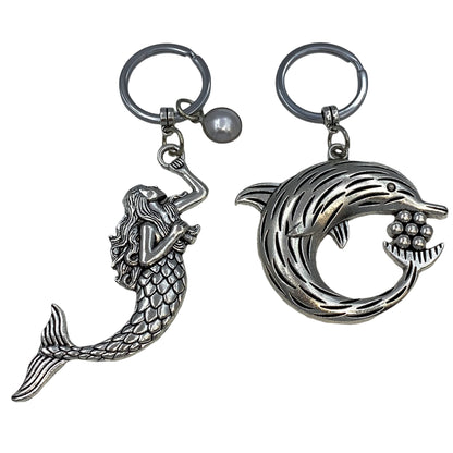 Evenchae Mermaid & Dolphin Keychain Set 2, Split Keyring, Silver-tone, Gift Bag