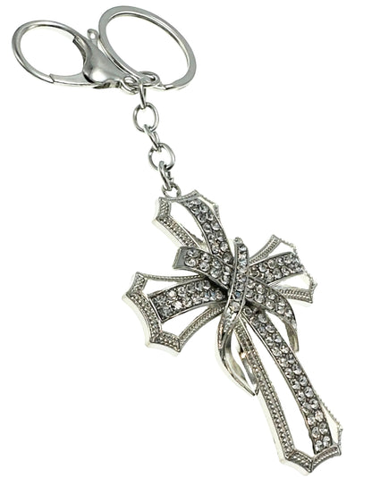 Evenchae Ornate Cross Keychain - Inlaid with Clear Rhinestones, Drawstring Gift Bag - 5.5 In Long