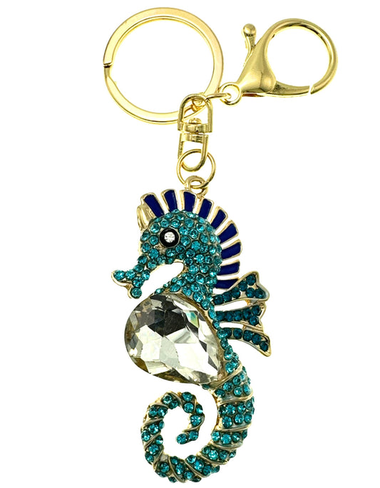 Evenchae Coastal Seahorse Keychain - Rhinestones, Filigreed Gold Back, Drawstring Gift Bag - 5 In Long Purse Jewelry