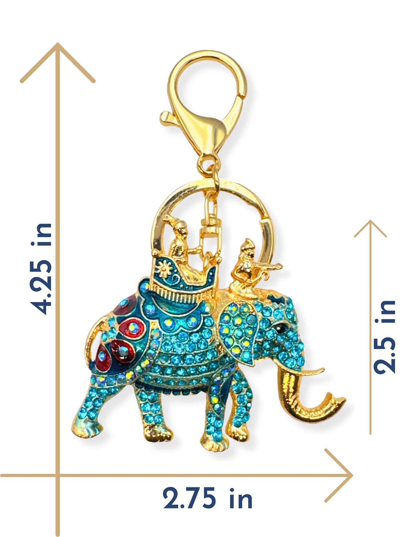 Evenchae Elephant Keychain - Inlaid with Rhinestones - Gold Filigree Back - Drawstring Gift Bag - 4.25 in Long