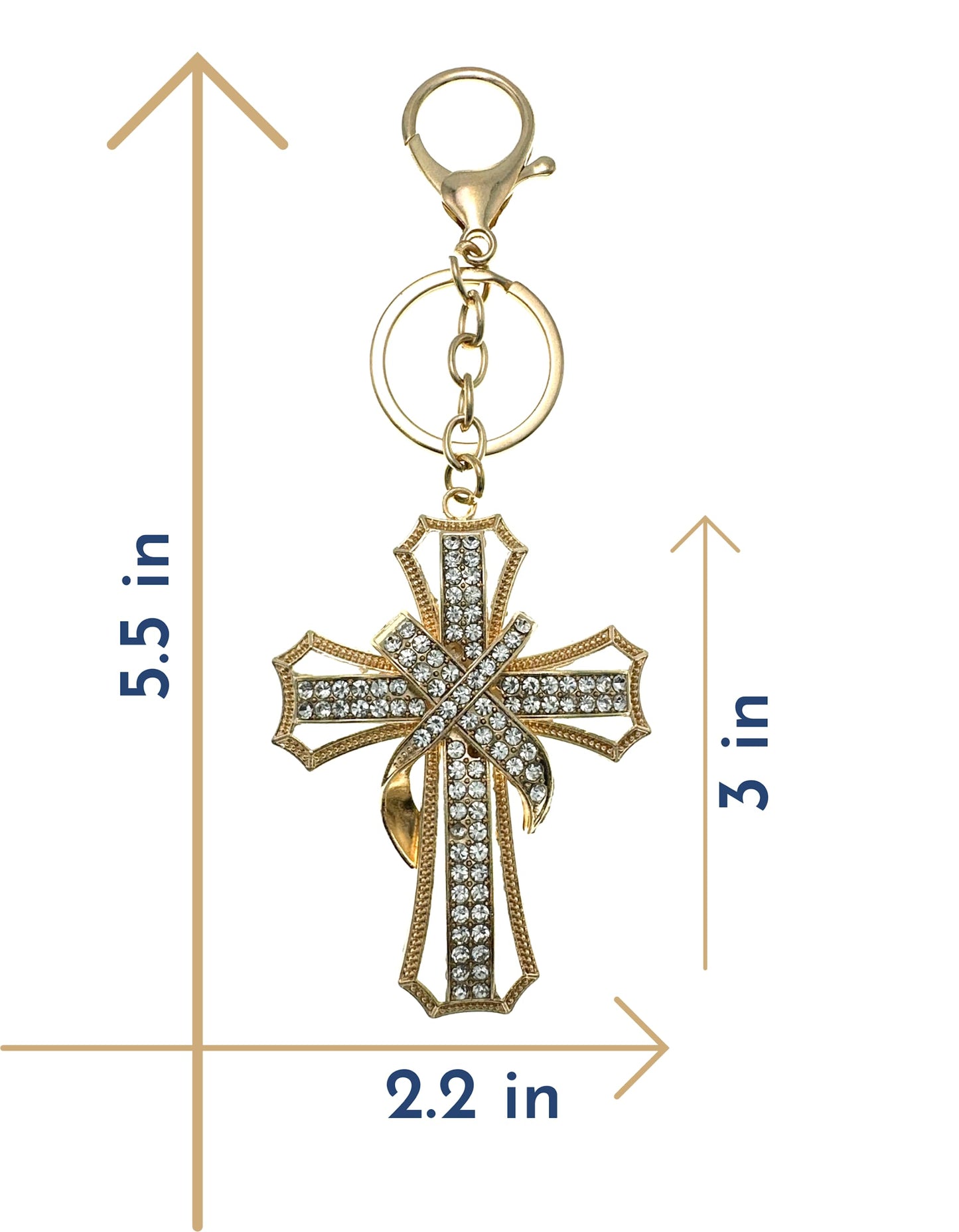 Evenchae Ornate Cross Keychain - Inlaid with Clear Rhinestones, Drawstring Gift Bag - 5.5 In Long