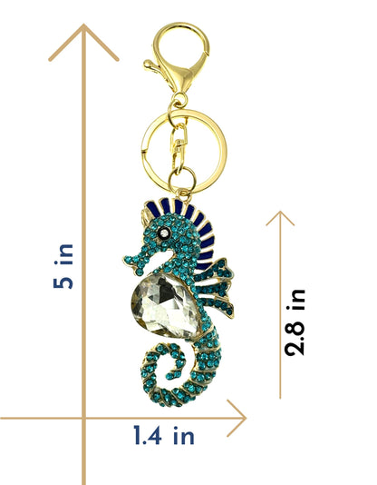 Evenchae Coastal Seahorse Keychain - Rhinestones, Filigreed Gold Back, Drawstring Gift Bag - 5 In Long Purse Jewelry