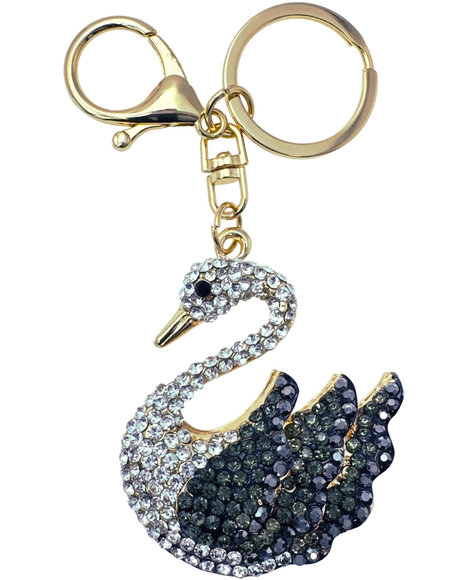 Evenchae Elegant Swan Keychain - Rhinestones, Filigreed Gold Back, Drawstring Gift Bag - 5 In Long Purse Jewelry